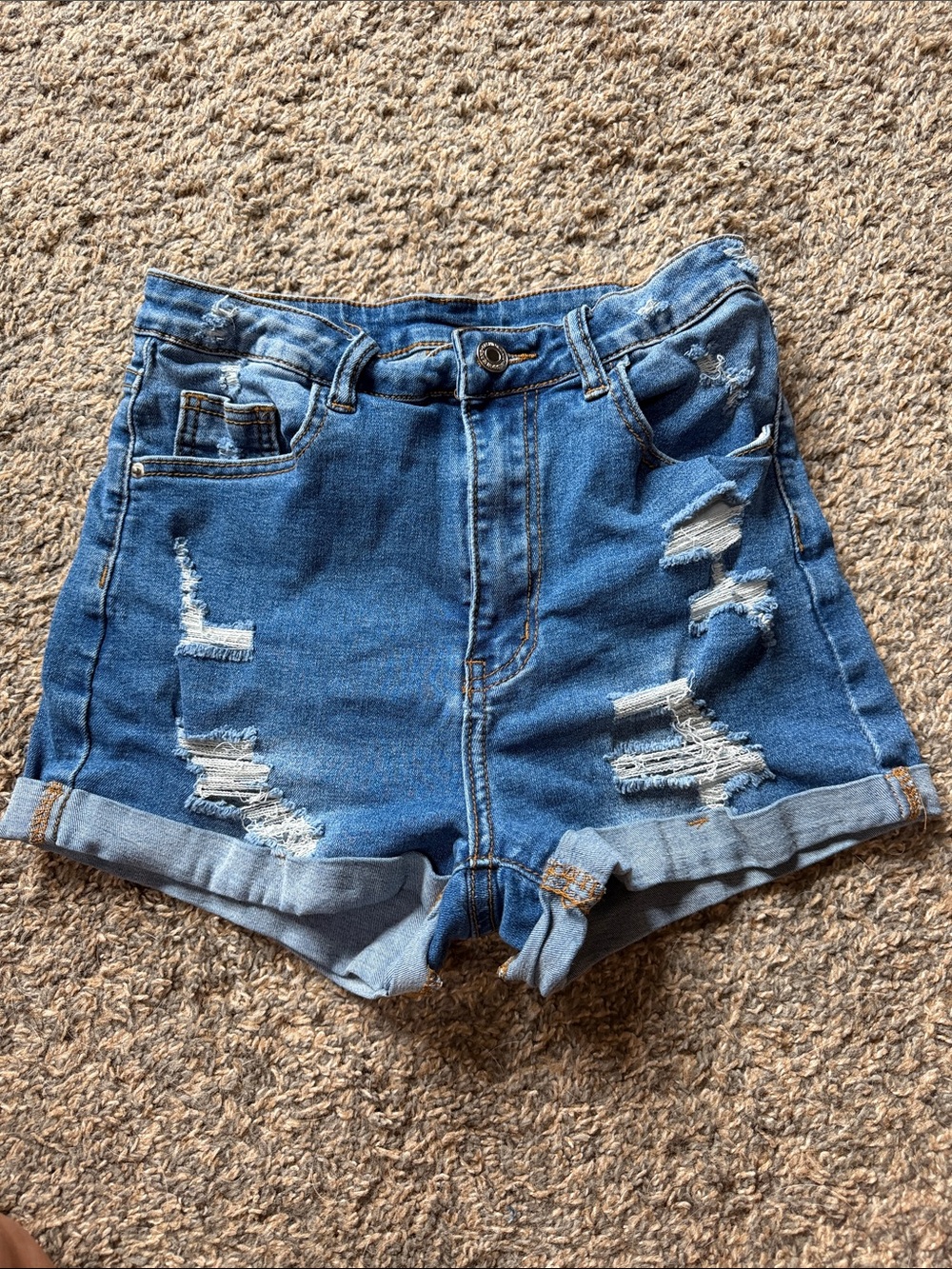 High-Rise Distressed Denim Shorts in Blue